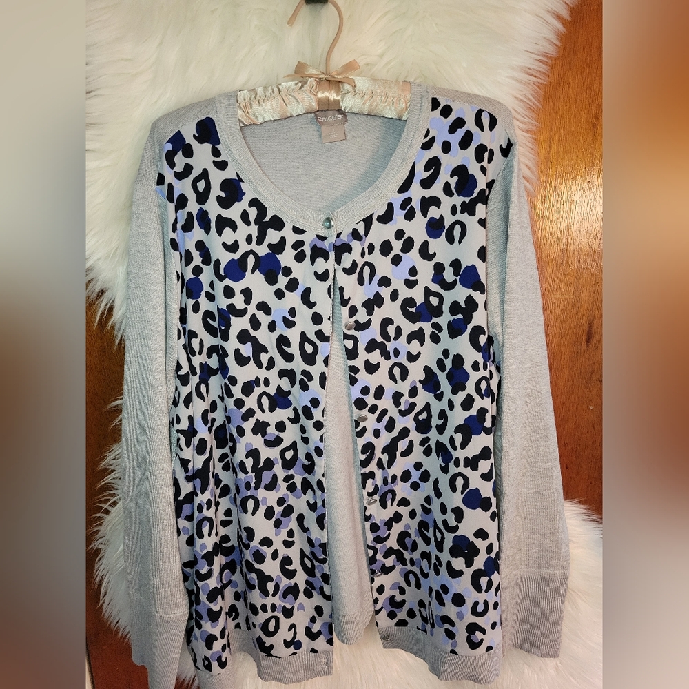 NWT Chico's light weight cardigan with blue leopard print